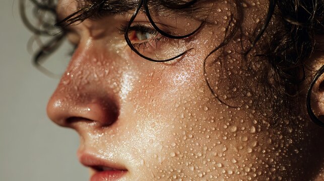 A close-up portrait of a sweaty man with water droplets on his face after an intense workout or exercise