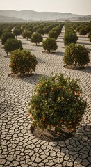 An expansive orchard displays rows of fruit-bearing trees with a cracked earth foreground and distant hazy mountains