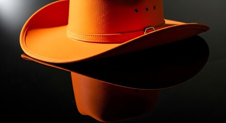 An eye-catching orange hat, reminiscent of the Wild West, is perfectly reflected on a glossy black surface. The lighting creates striking shadows