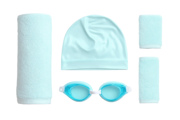Swimming Essentials: An array of aquatic necessities are neatly arranged, showcasing a pastel towel, swimming cap, swimming goggles, for the ideal swim experience. 