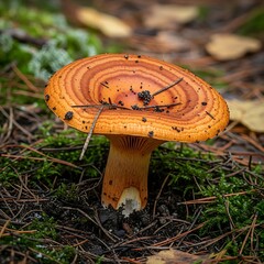 An eye-level shot captures an orange-capped mushroom, displaying its gills and stem, resting amid forest debris and moss