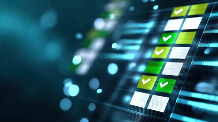 Digital Data Analysis with Checkmarks and Color Indicators for Performance Metrics in Technology Environment