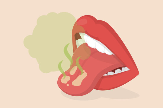 Bad breath and tongue. Bacteria and poor hygiene representing. Oral health problems. Isometric flat illustration.