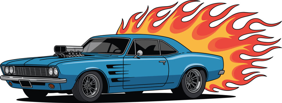Classic Blue Muscle Car Illustration with Speeding Flames and High Performance Engine Parts