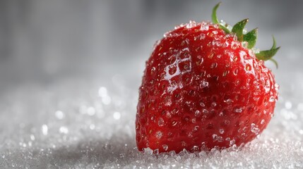 Strawberry rests atop polished marble, crystalline sugar wings glittering like frosted glass. Directional light creates sparkling reflections while natural