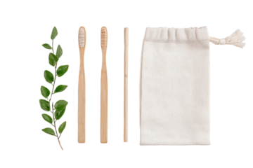 Eco-Friendly Dental Kit: A modern dental care arrangement, presenting an eco-conscious bamboo toothbrush, a set of sustainable dental essentials that reflects the intersection of health.