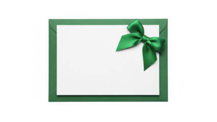 Green envelope with white card and emerald ribbon bow isolated on transparent background