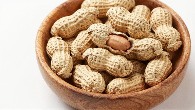 Peanuts in wooden bowl with cracked shell
