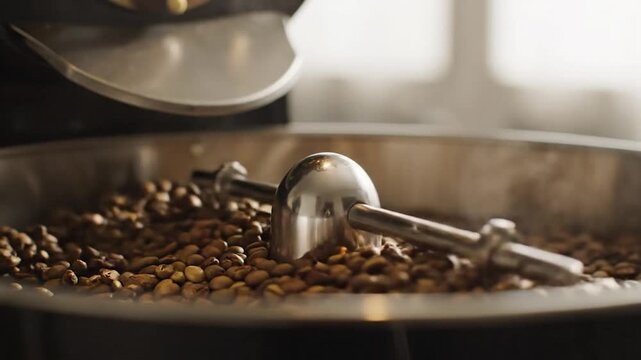 Coffee beans tumble and steam rise within a metal roaster drum