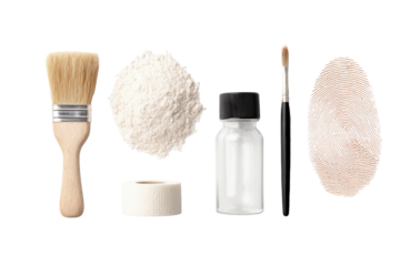 Fingerprint Forensics: The tools of forensic investigation are meticulously arranged. A detailed close-up shot showcasing the tools of the trade: a revealing fingerprint dusted with forensic powder.