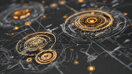 Abstract Technology Background with Circular Geometric Patterns and Illuminated Elements in Modern Design Style