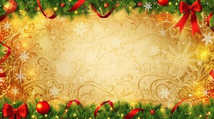 Festive Christmas background featuring golden balls and green pine branches forming a holiday frame for a winter celebration card or New Year illustration