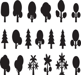Collection of Diverse Black Tree Silhouettes on White Background Keywords: tree, silhouette, icon, nature, plant, forest