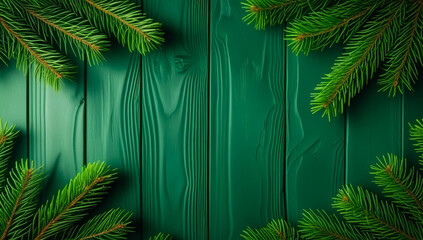 A vibrant green palm tree stands alongside festive evergreen spruce and fir branches to create a natural winter holiday frame for a tropical New Year celebration