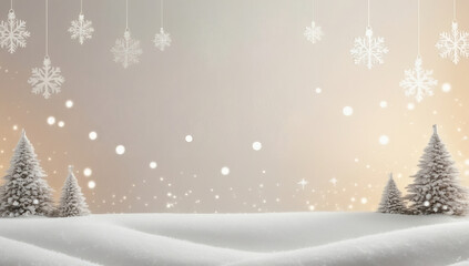 Blue winter night landscape illustration with a decorated Christmas tree under a starry sky and falling snowflakes for a holiday celebration card