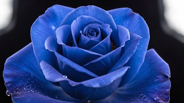 A macro shot of a blue rose in full bloom, adorned with water droplets against a black backdrop