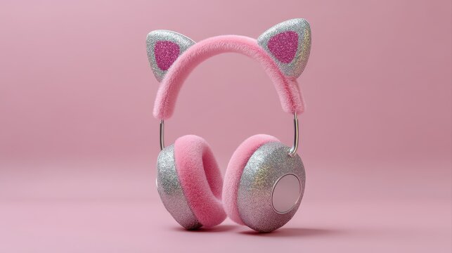 Stylish pink and glitter cat ear headphones with fuzzy earcups stand out against a soft pink background, pink gadgets with space for text