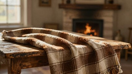 Plaid blanket on wooden table near fireplace