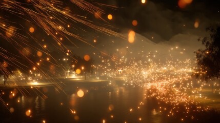 Mesmerizing burst of golden fireworks illuminating nighttime sky over tranquil lake.