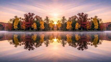 Autumn trees reflecting in calm water with sunrise
