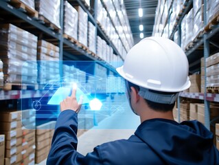 Futuristic VR warehouse management concept showcasing AI robotics and automated logistics systems improving efficiency digital control smart factories industrial supply chains visualization technology