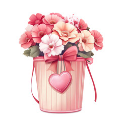 Cute Floral Bucket with Heart Tag and Ribbon Soft Pastel Clipart PNG, Transparent Background	