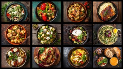 Assorted delicious italian dishes in rustic wooden bowls on table.