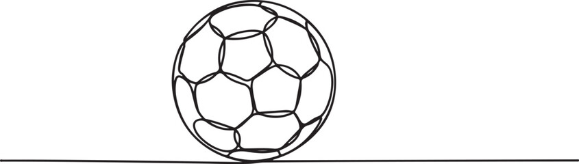 Obraz premium Soccer ball line art vector with minimal ground line, clean black and white football illustration in simple outline style