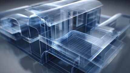 Transparent architectural model showcasing modern building design with layered structure and intricate details in a sleek digital visualization