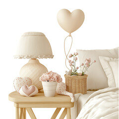 Valentine&rsquo;s Day Bedside Scene with LOVE Lamp and Flowers &ndash; Cute Clipart PNG, Transparent Background	