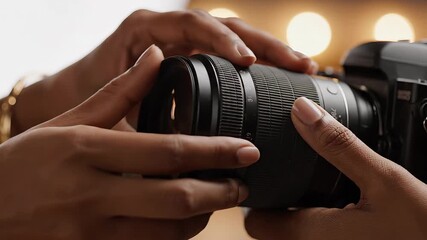 Closeup shot of two pairs of hands carefully adjusting the focus ring on a professional DSLR camera lens demonstrating photography techniques or collaborative work in a studio setting with blurred ba.