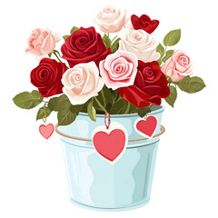 Pastel Flower Bucket with Red and Pink Roses &ndash; Cute Floral Clipart PNG, Transparent Background	