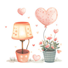 Glowing LOVE Lamp with Floral Bucket &ndash; Cute Valentine Decor Clipart PNG, Transparent Background	