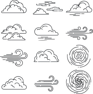 Kinde of Vector linear clouds. Set of isolated contour images of clouds, wind and storm eddy. Outline vector illustration.