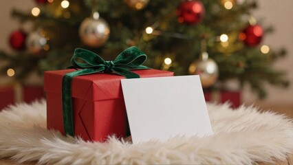 Red gift box with green bow and white card on Christmas tree
