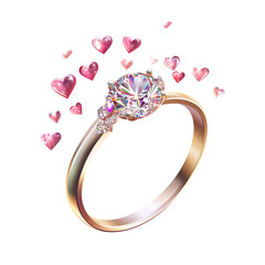 Diamond Engagement Ring with Tiny Hearts &ndash; Cute Valentine Clipart PNG, Transparent Background	