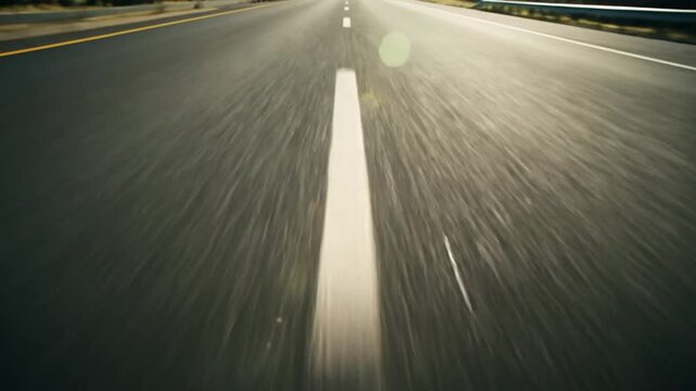 Driving POV along a highway with a blurred perspective, highlighting the road lines and movement forward