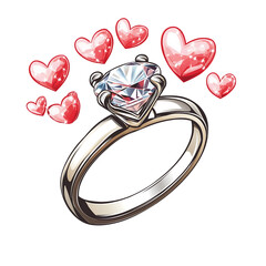 Diamond Ring with Floating Tiny Hearts &ndash; Cute Romantic Clipart PNG, Transparent Background	