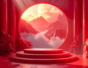 Surreal landscape seen through a circular portal, bathed in red