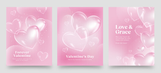 Valentines Day Flyer Poster Template in Cute Candy Pink Hues with 3D Glass Love Heart Concept