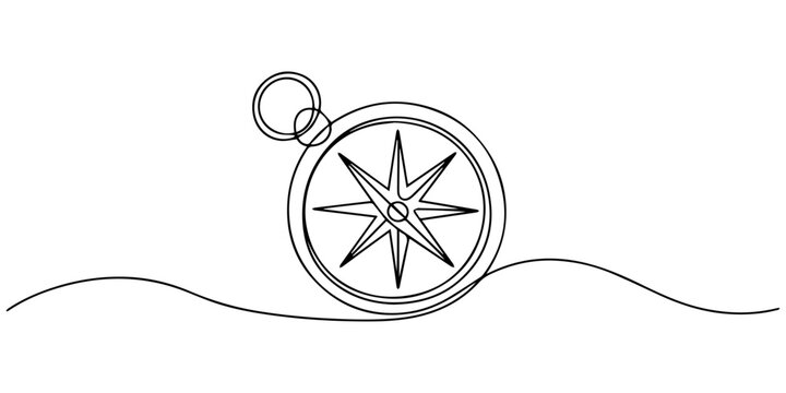 Minimal line art compass illustration with abstract navigation symbol continuous one line drawing travel direction concept on white background, Traveller compass continuous one line drawing. Hand draw