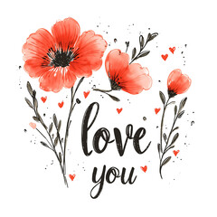 Elegant Red Flower LOVE Handwritten Calligraphy &ndash; Minimal Luxury Clipart PNG, Transparent Background	