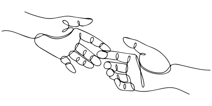 Continuous one line drawing of hands going to touch together. One line art of touching fingers. Vector illustration, Two hands going to touch together. Simple line art style illustration for tattoo.