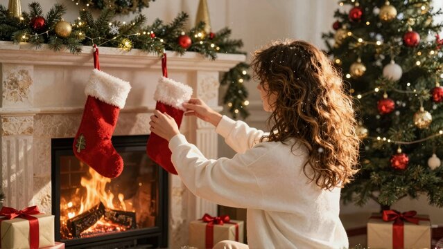 Woman hanging Christmas stockings by fireplace - Powered by Adobe