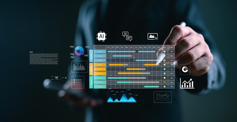 Business concept of project management and timeline scheduling with AI tech. A professional analyzing Gantt charts and tracking workflow progress with advanced planning and deadline execution tools.