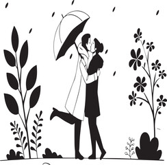  Happy valentime day Couple kissing under an umbrella during a rain shower with decorative plants love romance