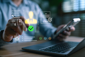 A businessman using smart technology to verify digital identity, KYC documents, and approve online profiles, representing secure authentication and onboarding in digital business platforms.