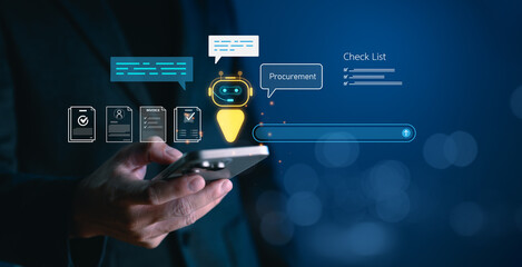 AI-powered procurement system concept with chatbot and digital invoice icons on mobile device, representing automation in B2B purchasing and mobile supply chain management solutions.