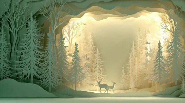 Paper cut style winter landscape with snowy pine forest and mountains on green background motion graphic for Christmas holiday greeting card invitation template design