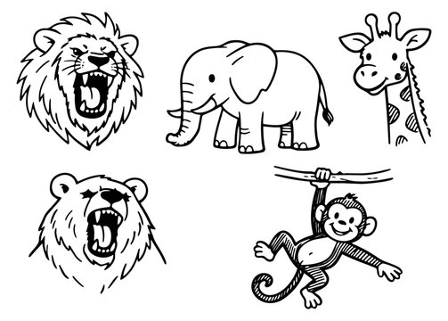 Hand drawn line art cartoon animal set featuring a lion, elephant, giraffe, bear, and monkey for wildlife and children's projects